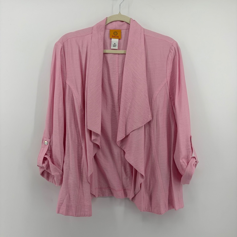 Ruby Rd Cardigan Jacket Pink Women Size 12 Waterfall Draped Roll Tab‎ 3/4 Sleeve